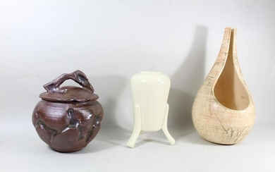 2 Mid-Century Modern Studio Pottery Vases & Covered Jar