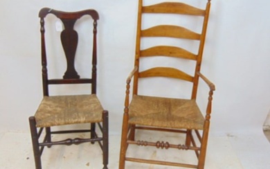 2 antique rush seat country chairs, ladderback arm chair & side chair, ladderback in oak, has