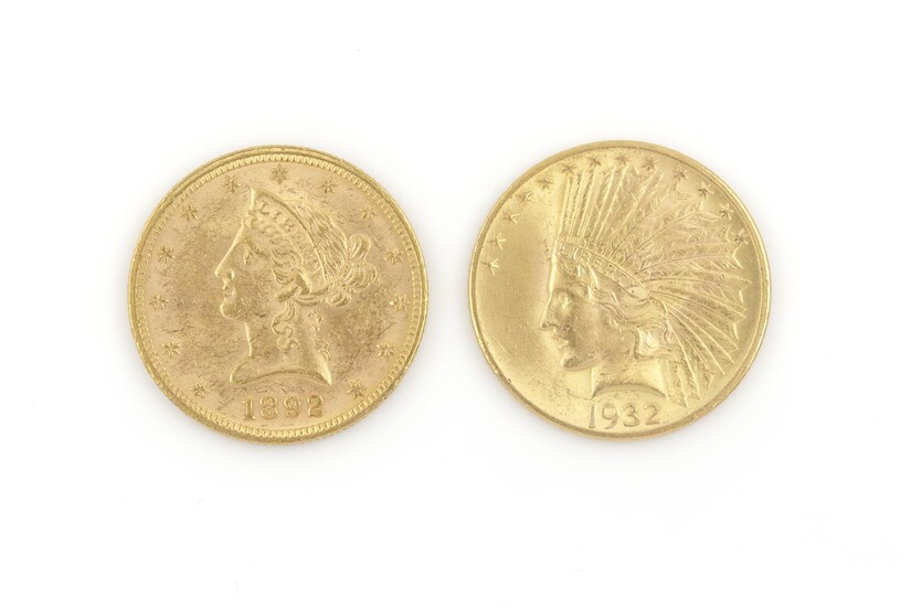 (-), 2 gouden munten: 10 dollar munt Indian...