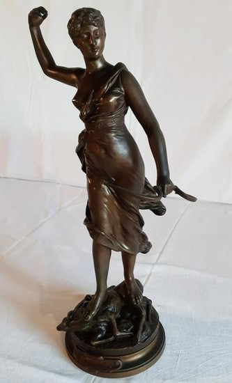 21" SIGNED FRENCH BRONZE OF DIANA THE HUNTRESS