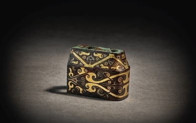 A RARE GOLD AND SILVER-INLAID BRONZE FITTING WARRING STATES PERIOD - HAN DYNASTY