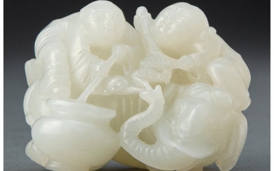 25032: A Chinese Carved Pale Celadon Jade Boys on Eleph