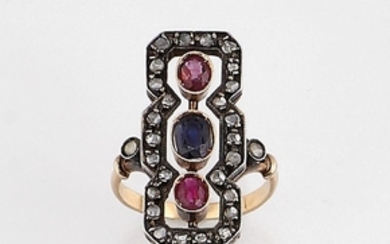 14 kt gold ring with coloured stones...