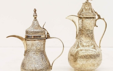 2pc Persian 800 Silver Decorated Ewers 7.5'' and 9''.