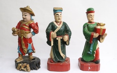 3 Chinese vintage painted and carved wood figures