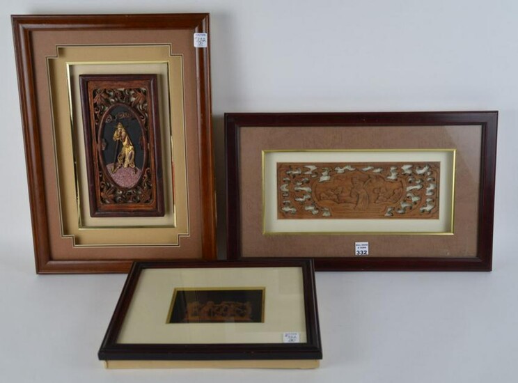 3 FRAMED CHINESE CARVINGS. ONE WITH EXPOT WAX SEAL AND