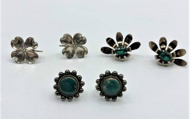[3] Pairs Sterling Silver Earrings, 2 Sets Green Stones