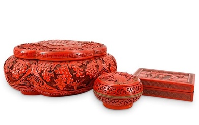 (3 Pc) Antique Chinese Lidded Cinnabar Boxes