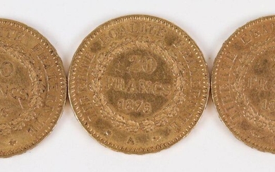 3 coins of 20 Francs gold Genie (1875, 1876, 1897)...