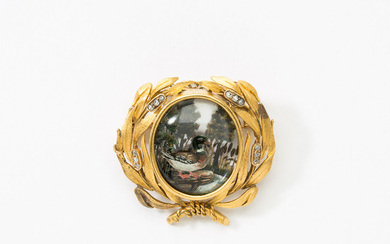 A 14 carat gold, rosecut diamond and rock crystal intaglio brooch