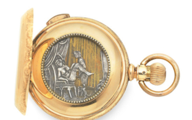 A 14K gold keyless wind quarter repeating full hunter pocket watch with erotic automaton