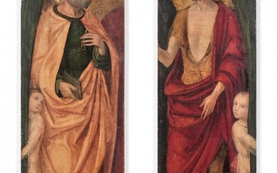 Attribué à Ambrogio Stefani da FOSSANO, dit il BERGOGNONE Fossano, 1453 - Milan, vers 1522 Saint Pierre et un enfant et Saint Jean-Baptiste et un enfant