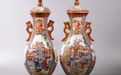 Chinese 18C Mandarin Figure Covered Porcelain Jars