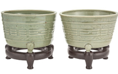 Pair of Chinese Longquan Celadon 'Trigrams' Tripod Cachepots