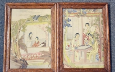 Pair of Chinese Prints in Oak Frames