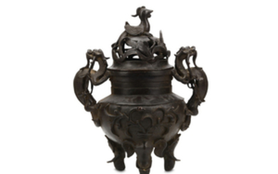 A CHINESE TRIPOD BRONZE CENSER AND COVER. Qing...