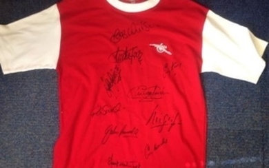 Football Arsenal 1970 replica home shirt signed by 10 of the double winning squad signatures include Bob Wilson, George Graham,...