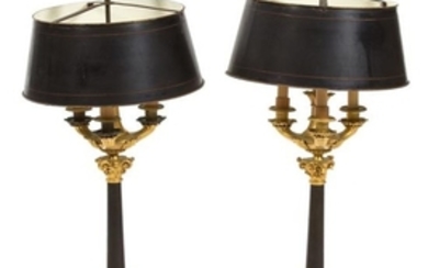 A Pair of French Empire Style Bronze and Ebonized Four-Light Candelabra