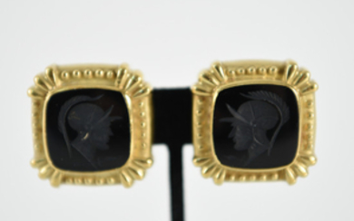 INTAGLIO CARVED ONYX AND GOLD CLIP ON EARRINGS