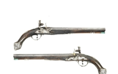 A Pair Of Italian 25-Bore Flintlock Silver-Mounted Holster Pistols For The Export Market, Second Half Of The 18th Century