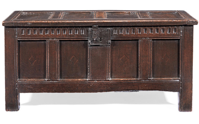 A James I joined oak and inlaid coffer, circa 1620