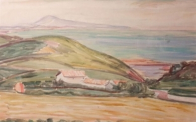 L. DETROY. "Paysage vallonné et mer". 42 x 59.5 cm