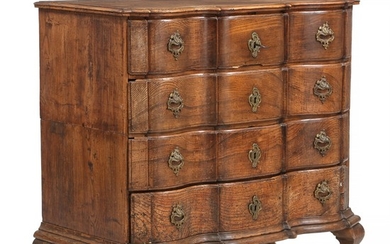 A large Danish Baroque elmwood chest of drawers. Last half of the 18th century. H. 110 cm. W. 118 cm. D. 58 cm.