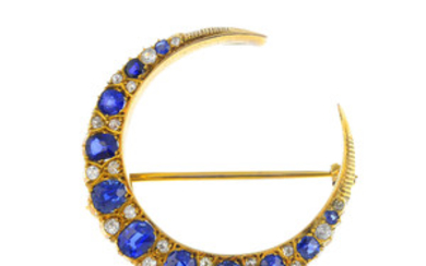 A late Victorian gold sapphire and diamond crescent brooch. View more details