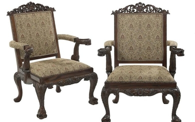 Pair of Mahogany Dolphin-Carved Armchairs