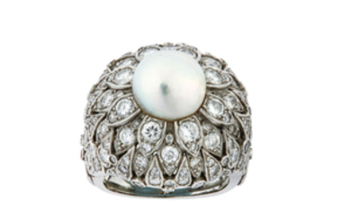 A natural pearl and diamond dress ring The...