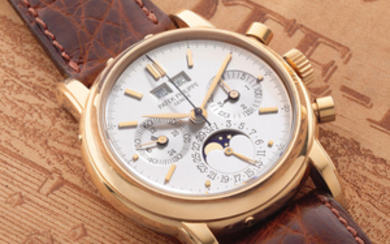 Patek Philippe. A fine 18K rose gold manual wind perpetual calendar chronograph wristwatch with moon phase