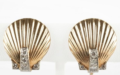 Pair of Retro 18k Gold and Diamond Shell Form Ear Clips