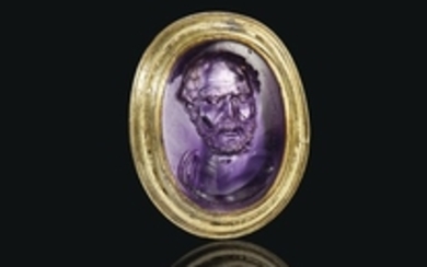 A ROMAN AMETHYST RINGSTONE WITH A PORTRAIT OF DEMOSTHENES, SIGNED BY DIOSKOURIDES, CIRCA LATE 1ST CENTURY B.C.