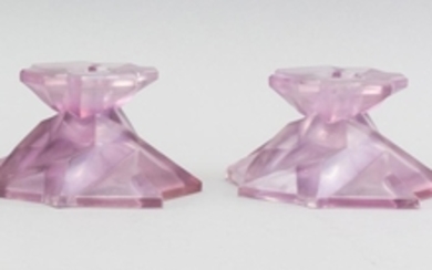 PAIR OF RUBA ROMBIC LILAC GLASS CANDLESTICKS Reuben Haley for Consolidated Lamp & Glass Company. Height 2.5".