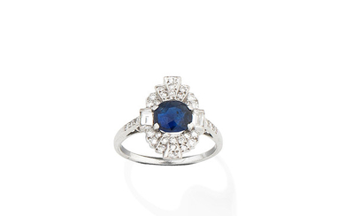 A sapphire and diamond plaque ring
