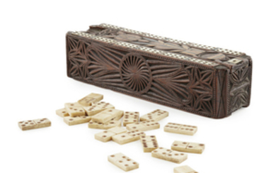 A SCOTTISH CARVED WOOD AND INLAID GAMES BOX EARLY...