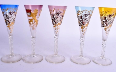 A SET OF FIVE ANTIQUE ENAMELLED LUMBER DRINKING GLASSES