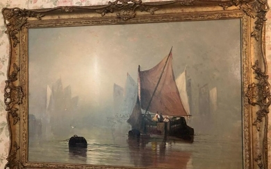 Signed Oil Painting of Ships at Sea