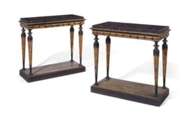 A PAIR OF SWEDISH PARCEL-GILT AND BRONZED CONSOLE TABLES, ATTRIBUTED TO JONAS FRISKS, FIRST QUARTER 19TH CENTURY