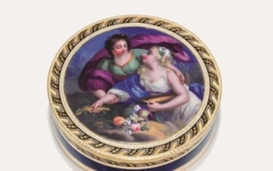 A SWISS ENAMELLED GOLD SNUFF-BOX, GENEVA, CIRCA 1810, STRUCK WITH TWO FRENCH POST-1838 RESTRICTED WARRANTY MARKS FOR GOLD