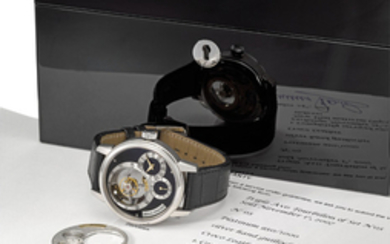 Thomas Prescher. An extremely fine and rare platinum triple axis flying tourbillon wristwatch with special order onyx dial, warranty, second special order silvered guilloché dial and box, SIGNED THOMAS PRESCHER, TRIPLE AXIS TOURBILLON MODEL, TRILOGY...