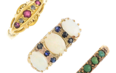Three opal, diamond and gem-set rings.