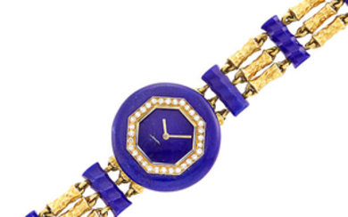 Triple Strand Hammered Gold, Lapis and Diamond Bracelet-Watch, Boucheron, Paris