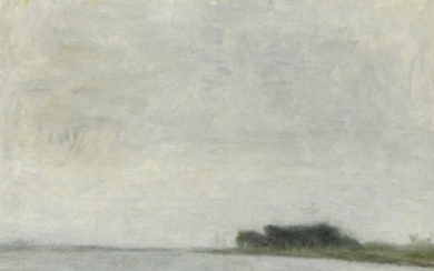 Vilhelm Hammershøi: Landscape. Summer. Falster. Beach with green shore to the right. 1890. Unsigned. Oil on canvas. 31 x 44 cm.