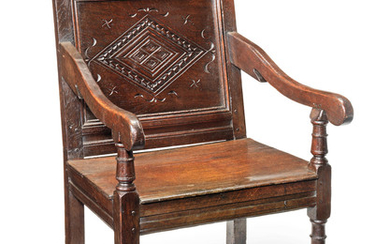 A Charles II joined oak panel-back open armchair, Lancashire circa 1670