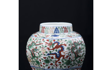 A wucai octagonal jar, with a Ming-style decoration, an apocryphal Wanli mark to the base China, 20th century (h. 13...