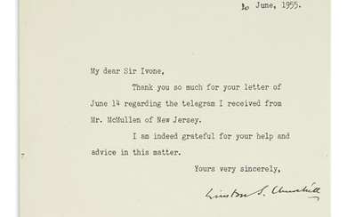 CHURCHILL, WINSTON S. Typed Letter Signed, to Ivone Kirkpatrick, thanking him for advice...