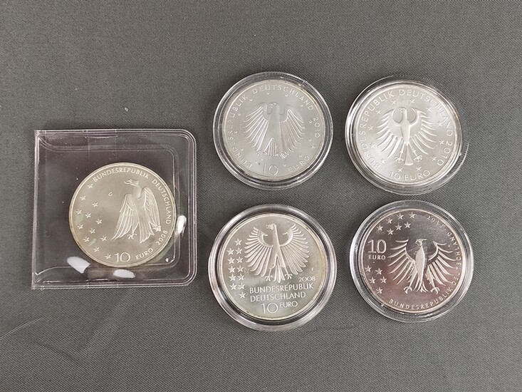 5 silver coins, commemorative, 10 euro each, sterling silver, consisting of: 125th birthday Franz K