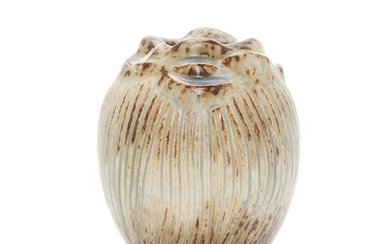 Axel Salto: Stoneware vase partly modelled in sprouting style and with incised relief decor. H. 13.3 cm.