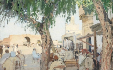 Henry Bishop (1868-1939) North African square with figures seated outside...